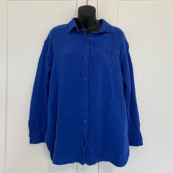 Rachel Roy Comfy Blue Crinkle Cotton Button-up Casual Top Women's Size Large - Picture 2 of 7